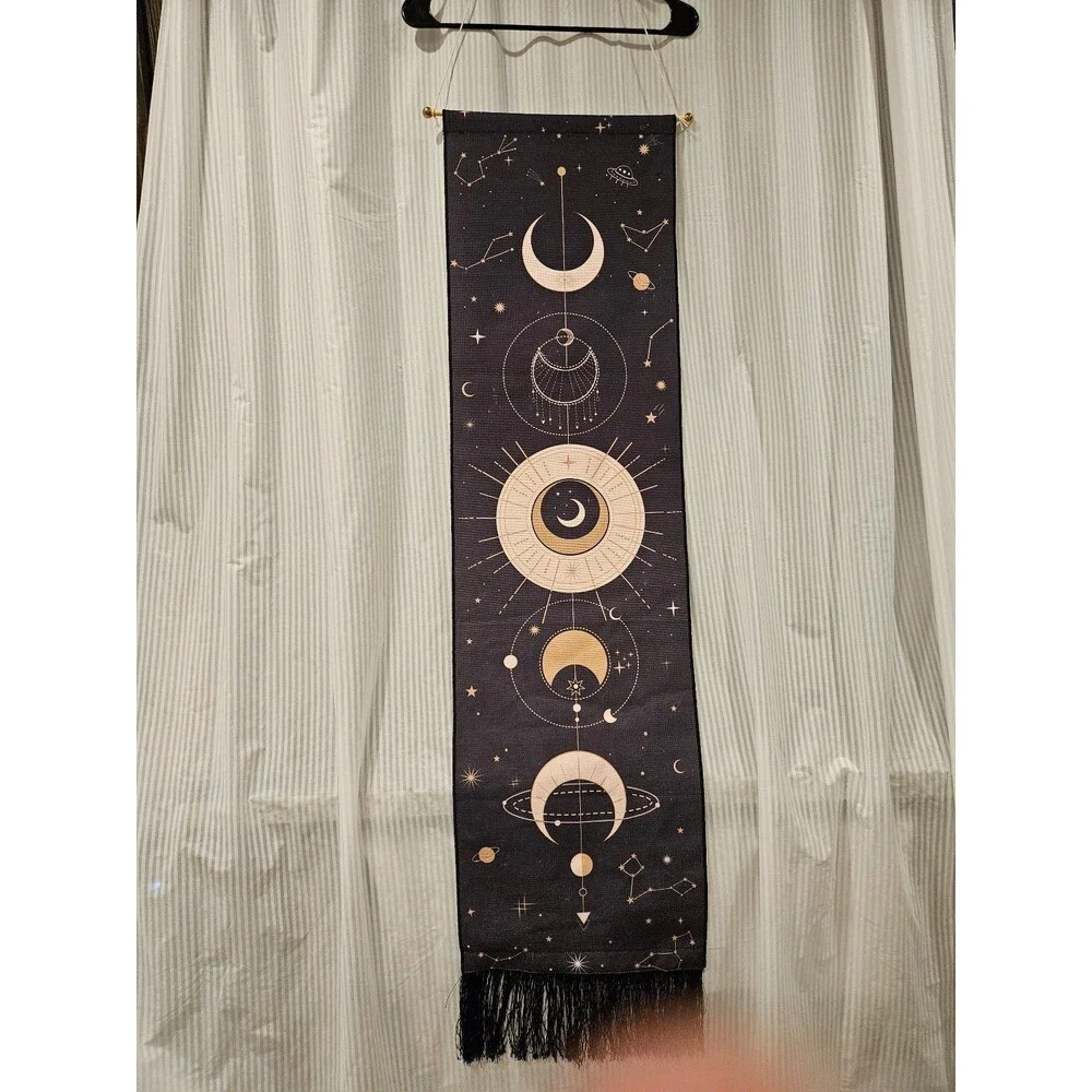 Celestial Moon Phase Wall Hanging Decor Tapestry cream and black